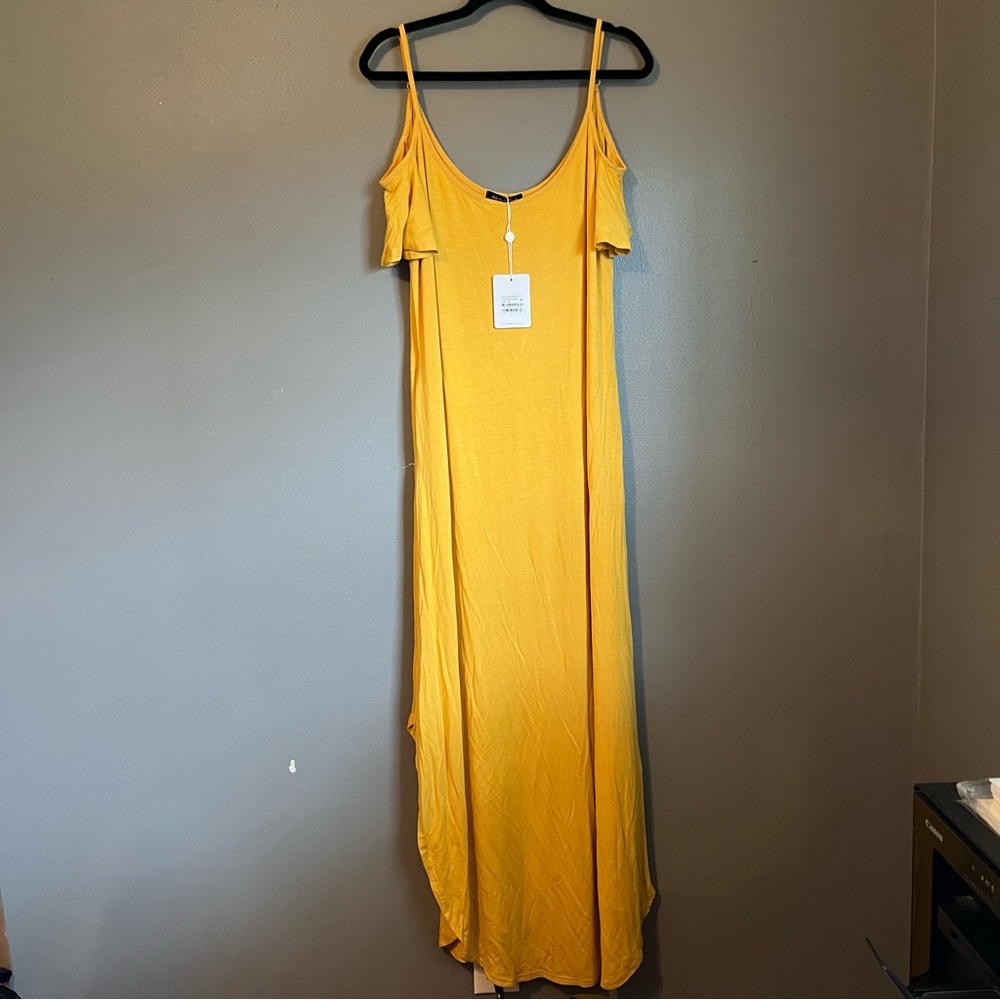 NWT White Mark 1X Stretch Yellow Maxi Open Shoulder Poly Spandex Dress Ret $50!